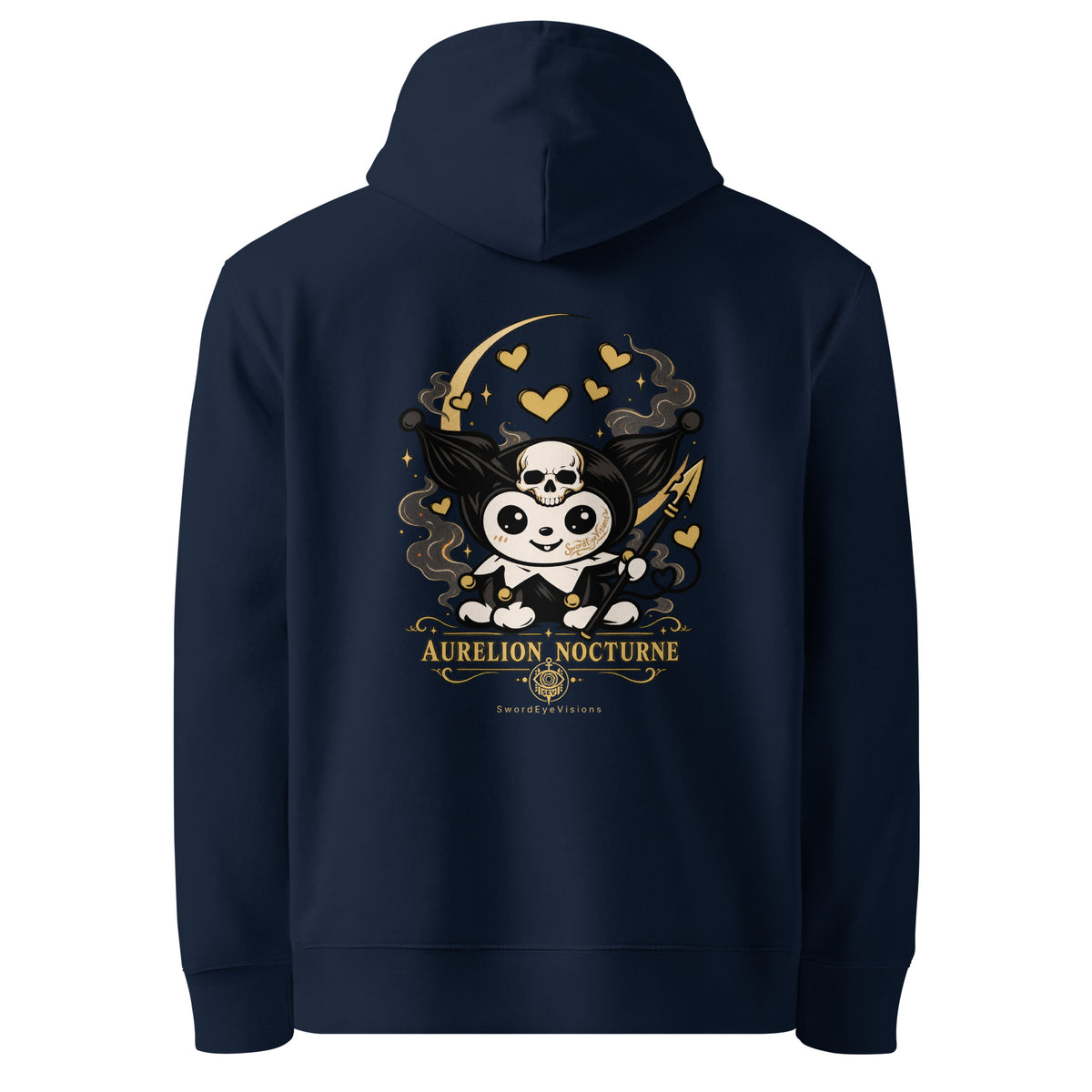 Back of the French Navy hoodie showing the Aurelion Nocturne artwork printed with no background panel