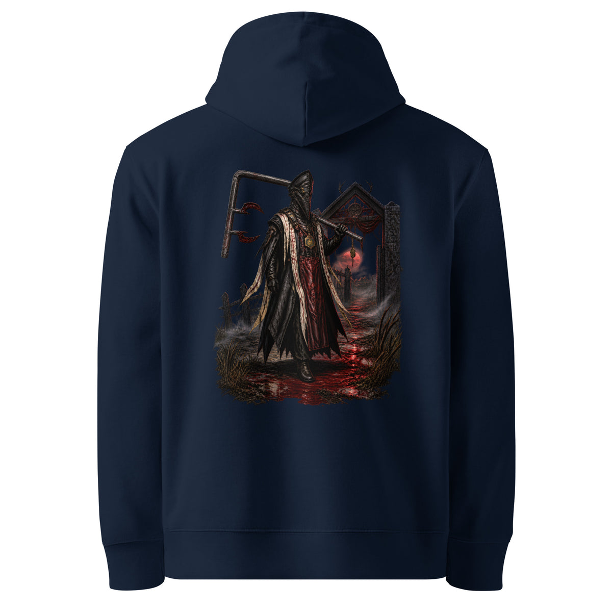 Back of the French Navy hoodie showing The Red Harvest artwork printed with no background panel