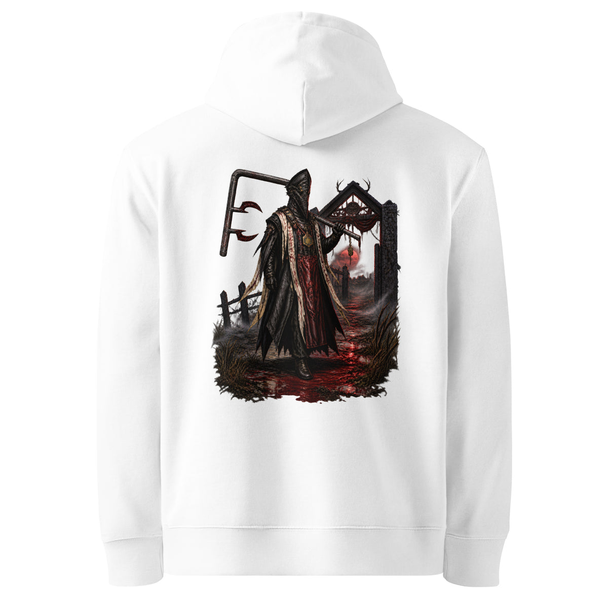 Back of the white hoodie showing The Red Harvest artwork printed with no background panel