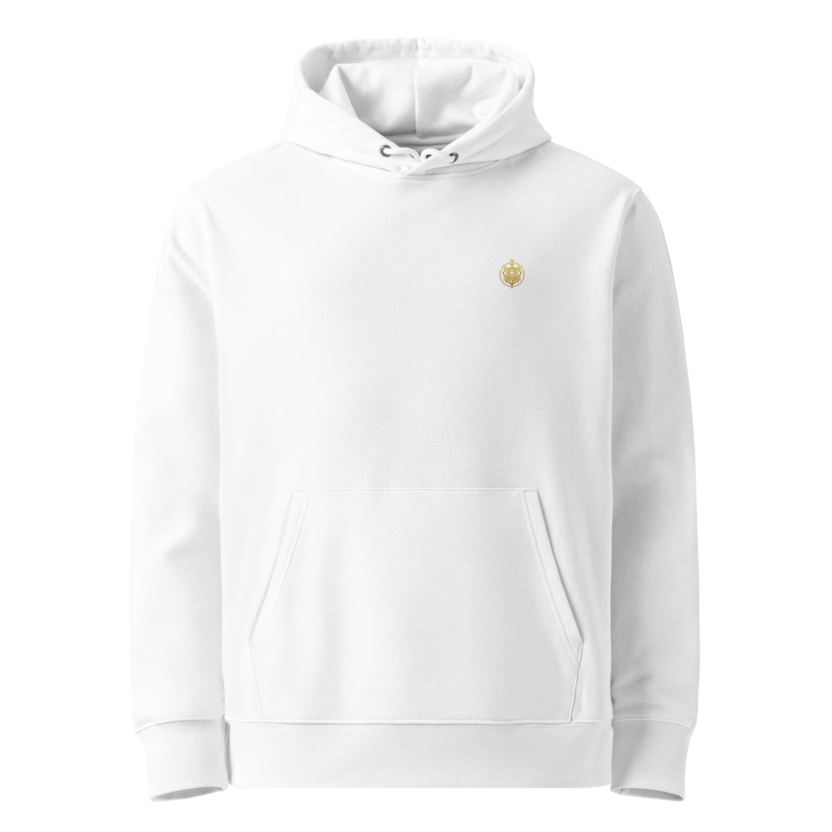 Aurelion Nocturne Spectral Veil Edition hoodie in white, front view with the embroidered SEV Sigil at the left chest