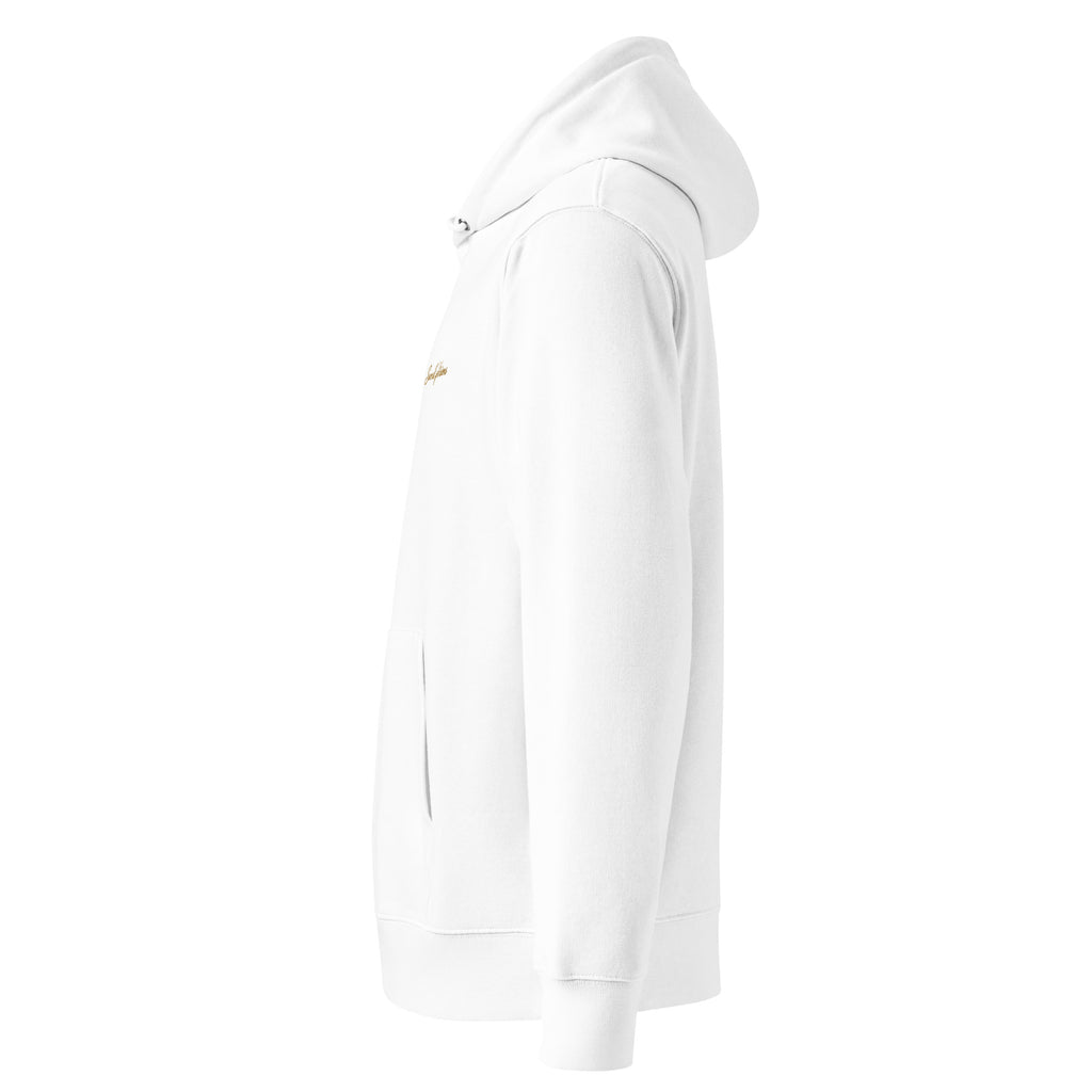 SEV Cursive Wordmark Embroidered Hoodie in White, left side view