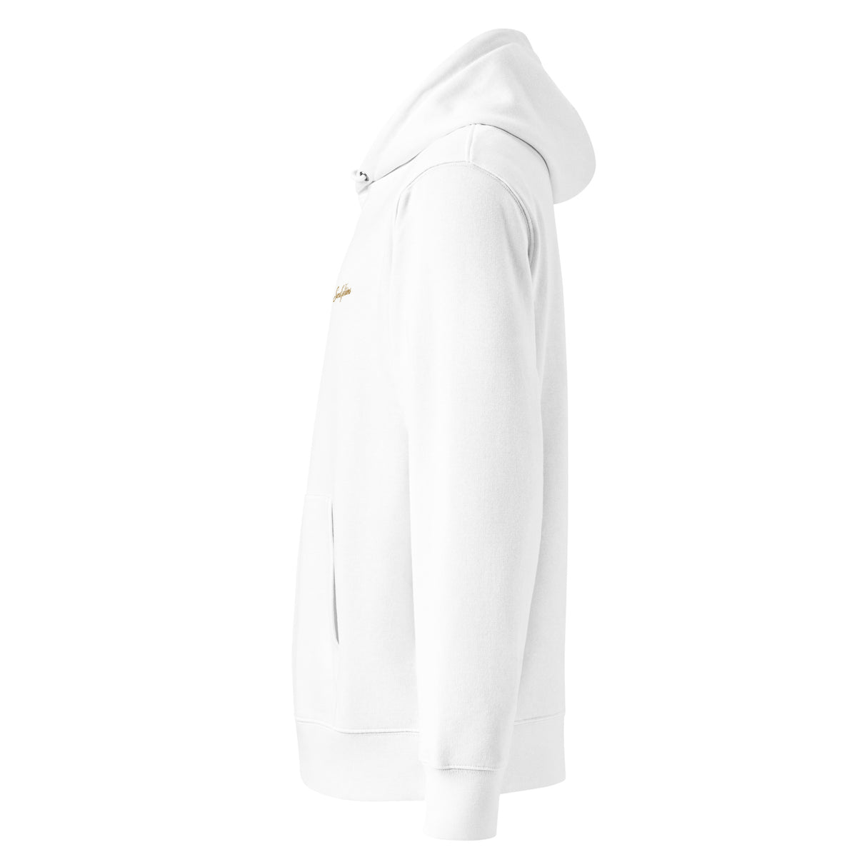 SEV Cursive Wordmark Embroidered Hoodie in White, left side view