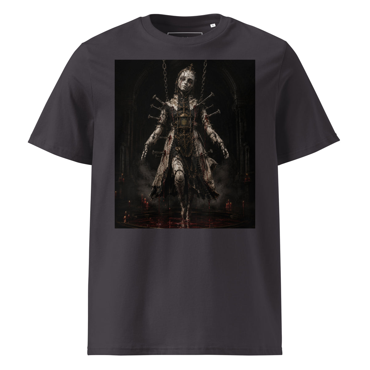 Crimson Reliquary Tee — Anthracite — front view, original artwork