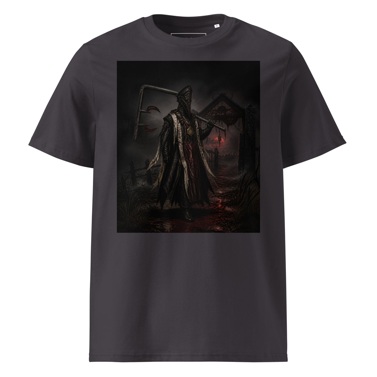 The Red Harvest Tee — Anthracite — front view, original artwork