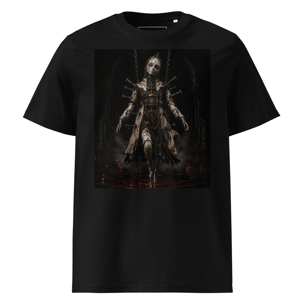 Crimson Reliquary Tee — Black — front view, original artwork