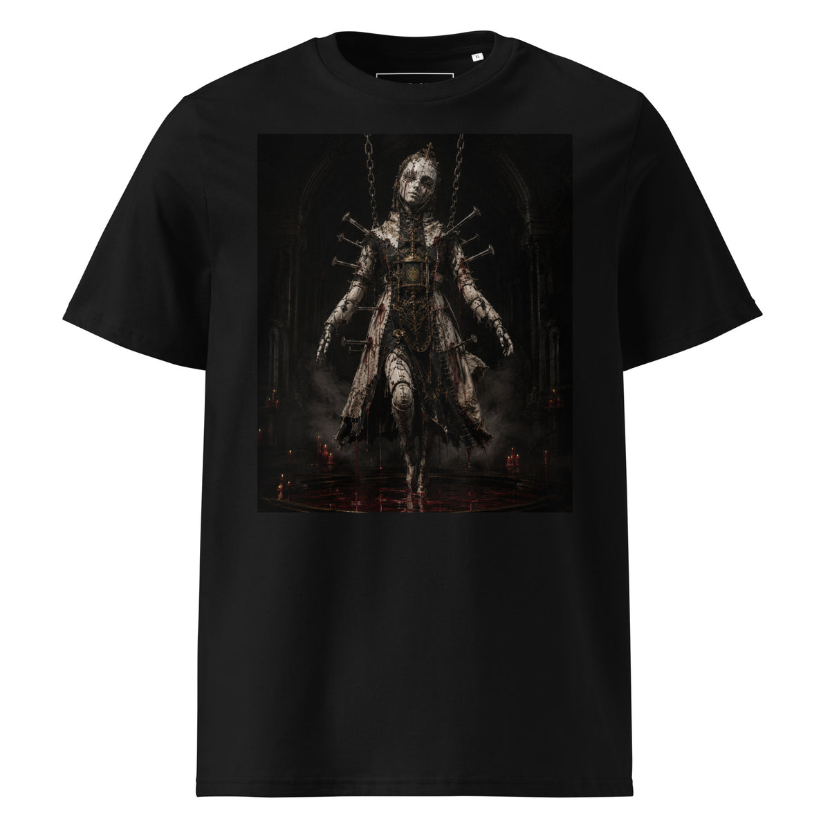 Crimson Reliquary Tee — Black — front view, original artwork