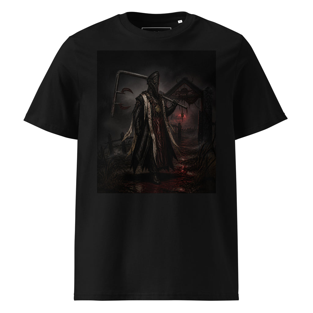 The Red Harvest Tee — Black — front view, original artwork