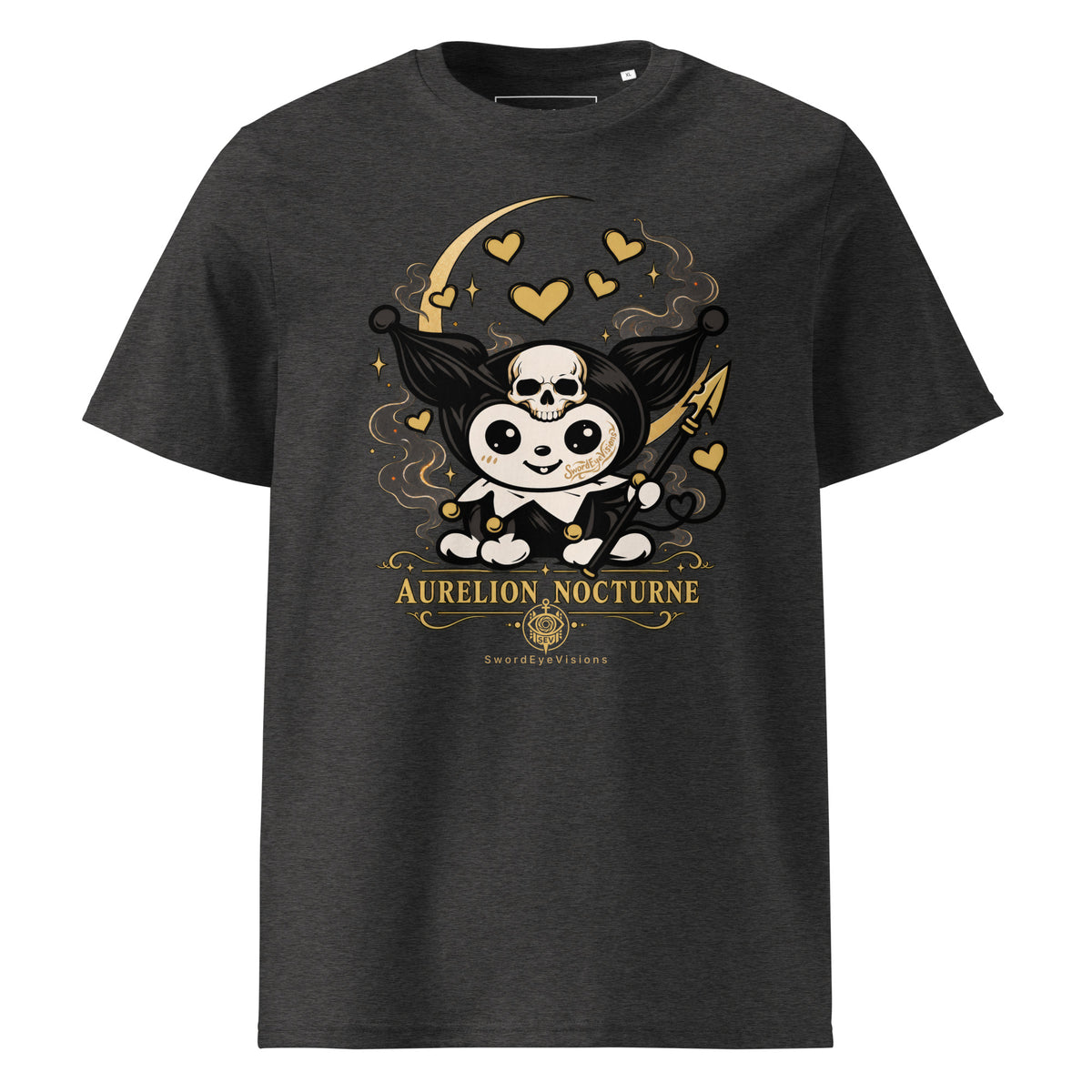 Aurelion Nocturne Tee — Dark Heather Grey — front view, original artwork