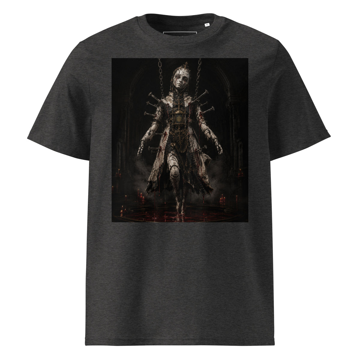 Crimson Reliquary Tee — Dark Heather Grey — front view, original artwork