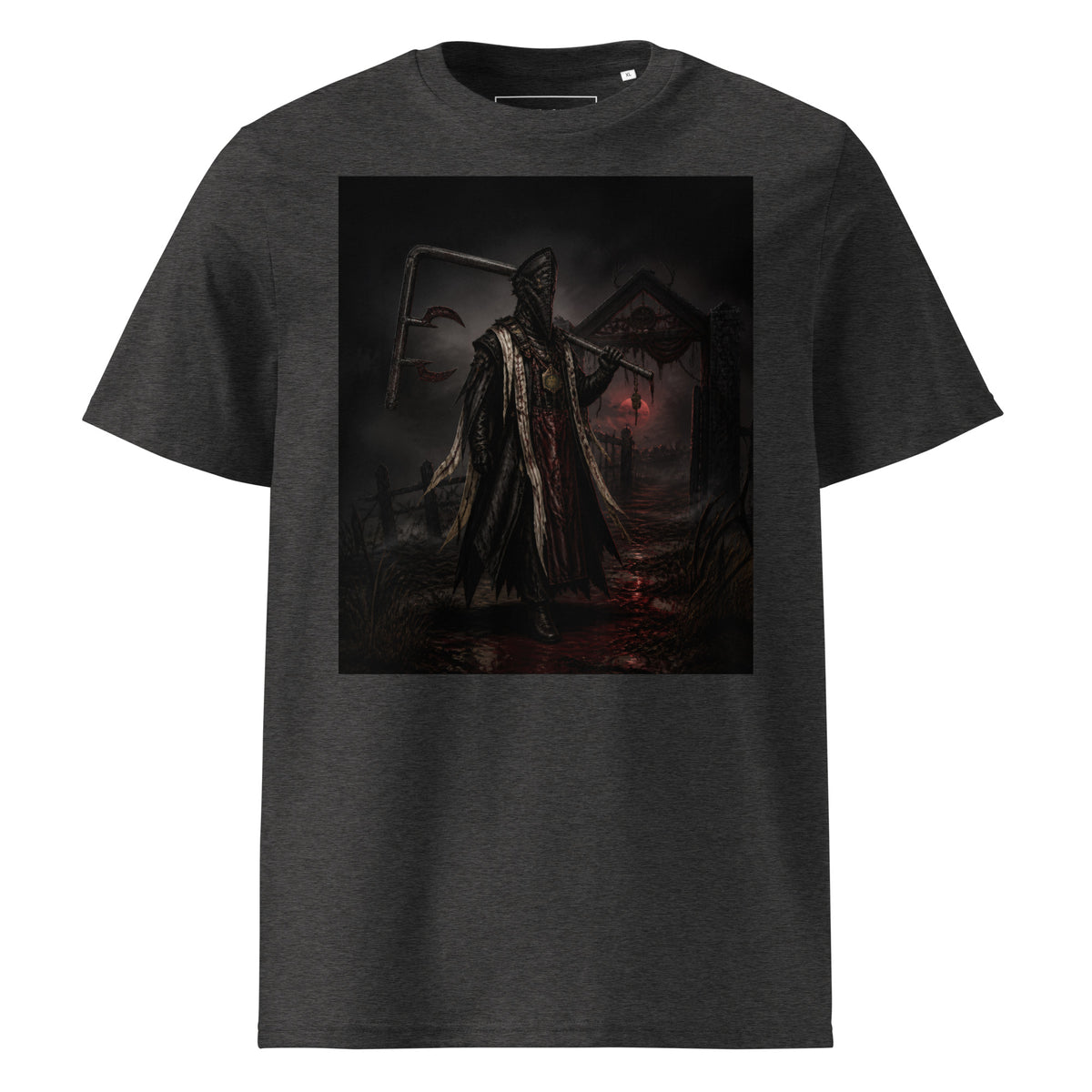 The Red Harvest Tee — Dark Heather Grey — front view, original artwork