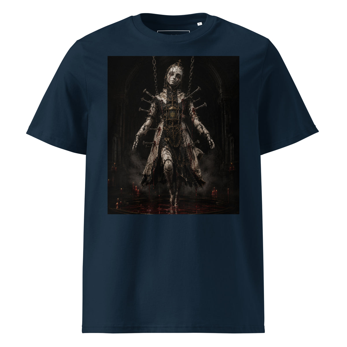 Crimson Reliquary Tee — French Navy — front view, original artwork