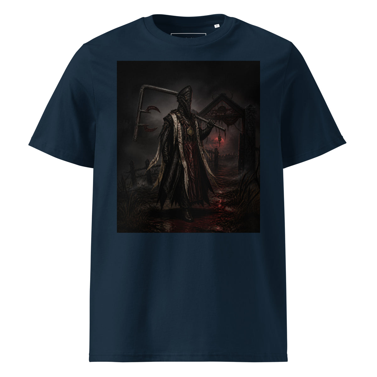 The Red Harvest Tee — French Navy — front view, original artwork