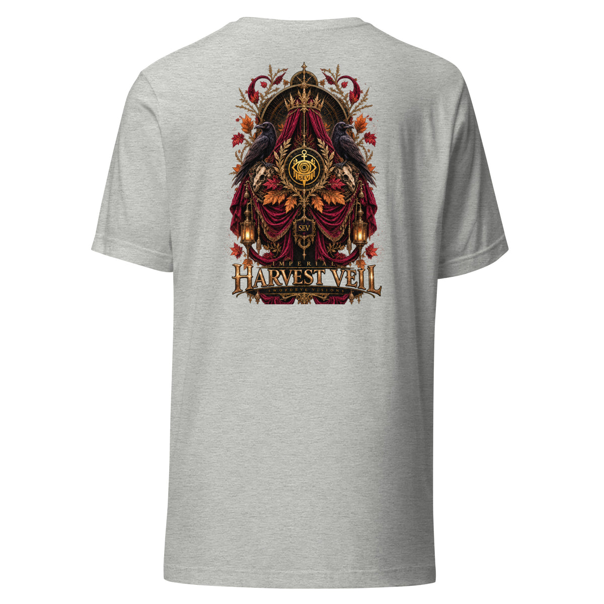 Back of the Athletic Heather tee showing the Imperial Harvest Veil artwork with no background panel