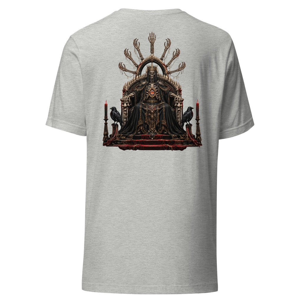 Back of the Athletic Heather tee showing the Bone Oracle artwork with no background panel