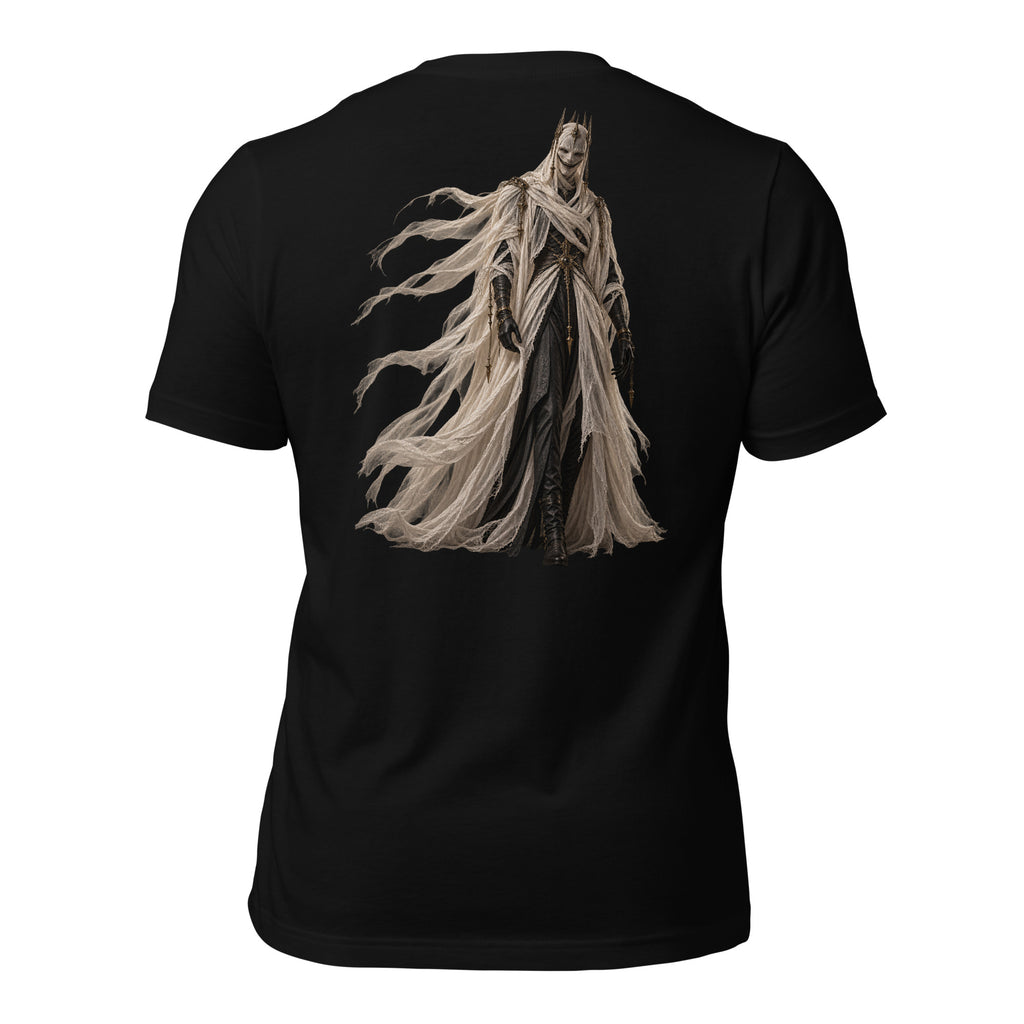 The Grinning Shroud Spectral Veil Monogram Edition tee in Black — back garment view with The Grinning Shroud artwork
