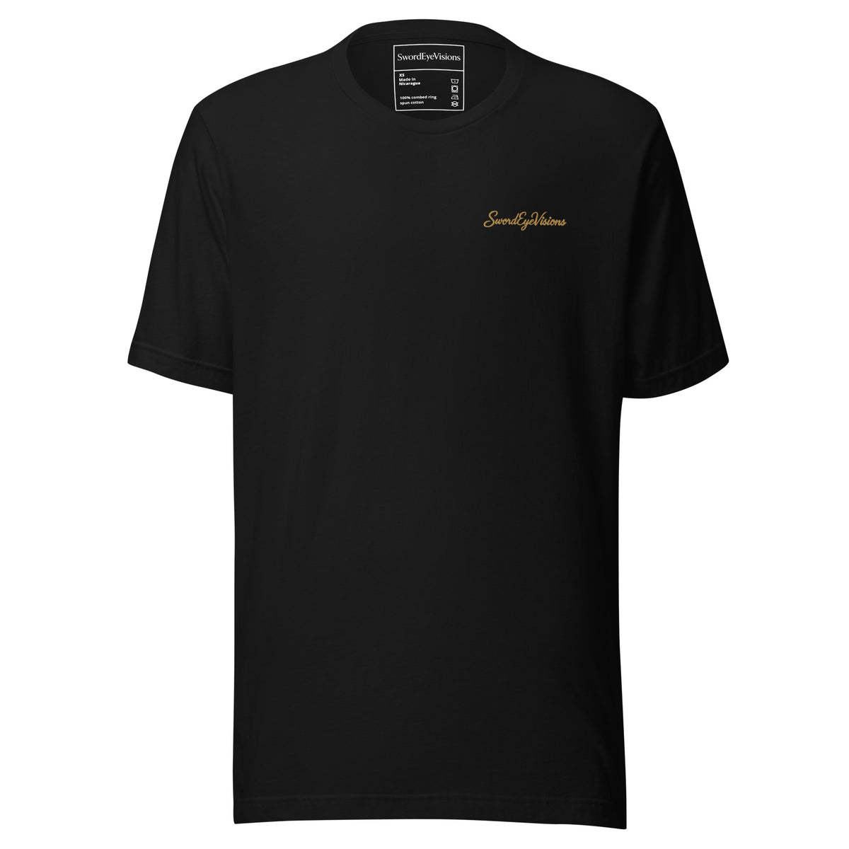 Black Cursive Wordmark tee — front with Old Gold left-chest embroidery