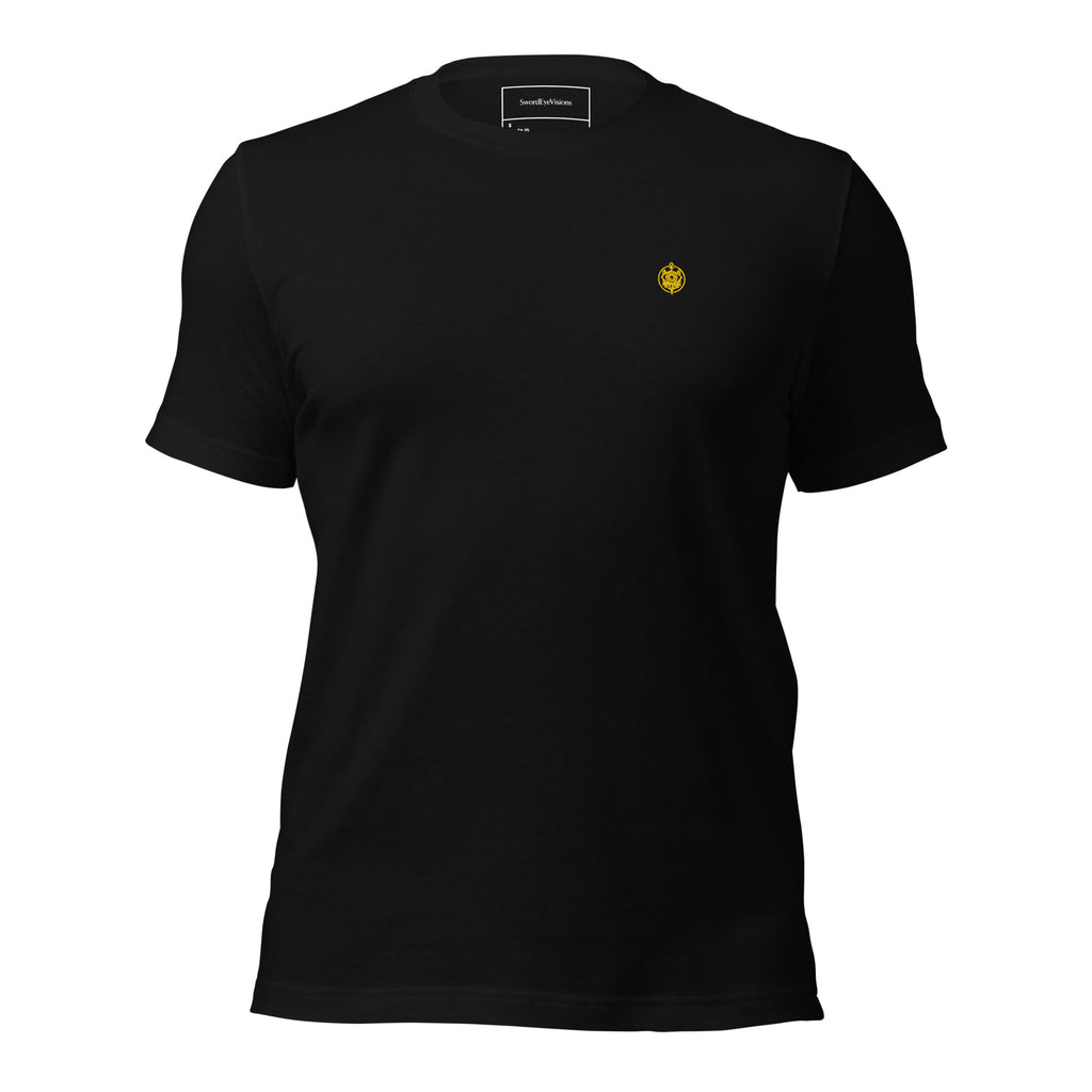 The Grinning Shroud Spectral Veil Edition tee in Black — front garment view with the embroidered SEV Sigil at the left chest
