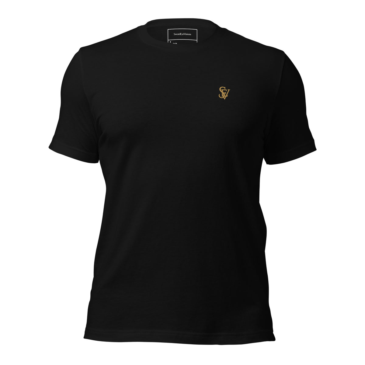 The Grinning Shroud Spectral Veil Monogram Edition tee in Black — front garment view with the embroidered SEV Monogram at the left chest