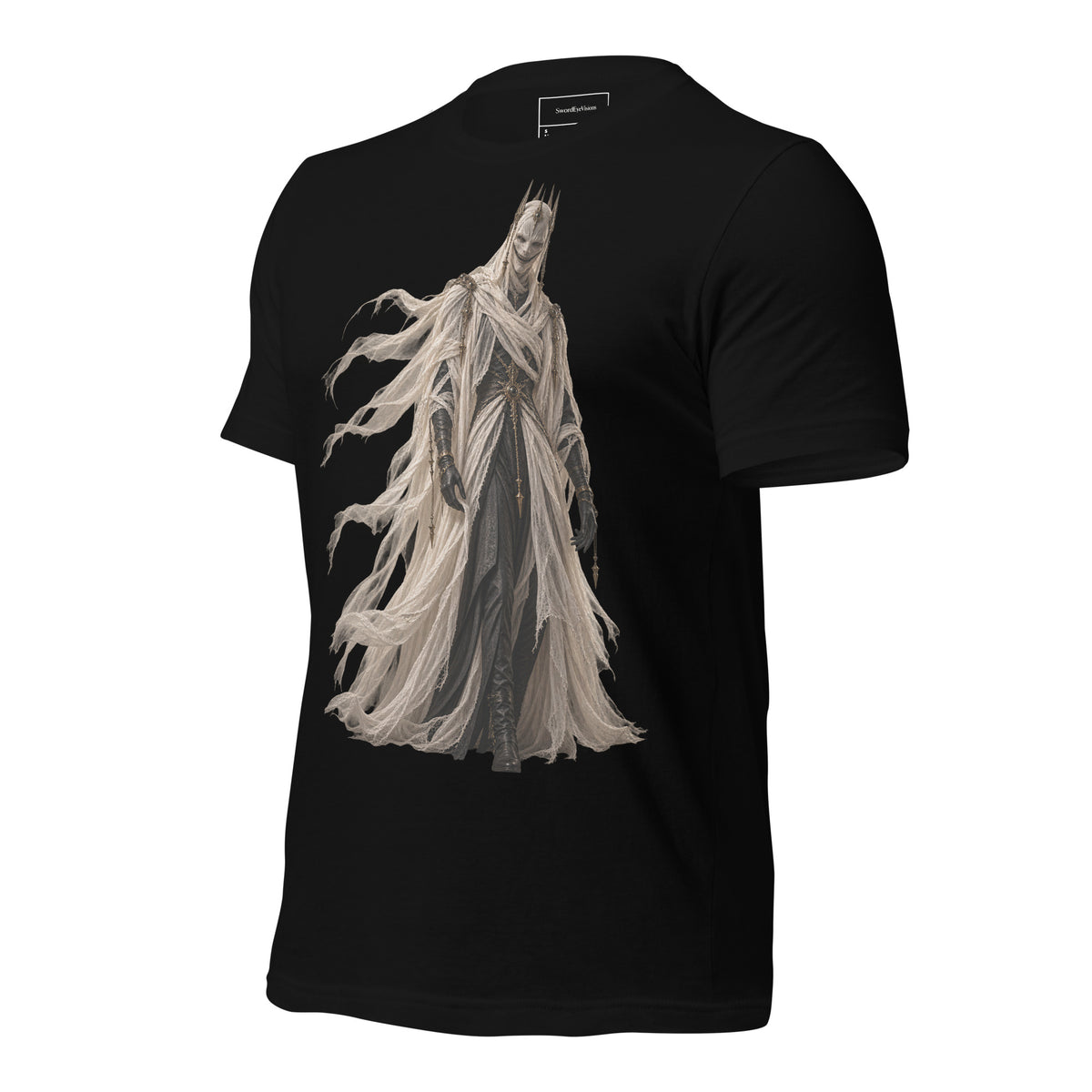 The Grinning Shroud Spectral Veil Front Edition tee in Black — left three-quarter front garment view showing The Grinning Shroud artwork