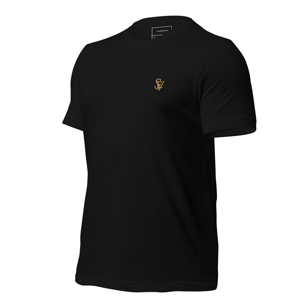 The Grinning Shroud Spectral Veil Monogram Edition tee in Black — left three-quarter front garment view with the embroidered SEV Monogram