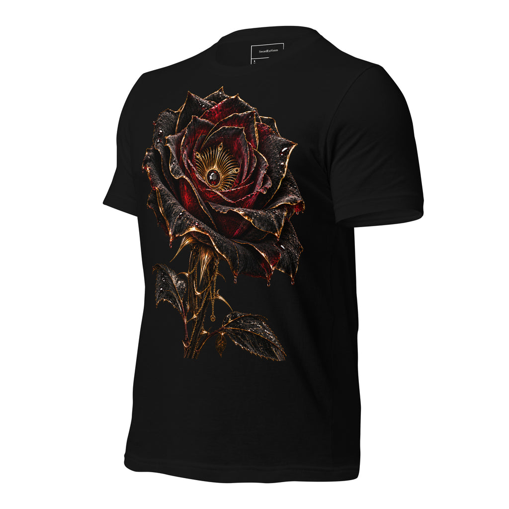 Nocturne Rose Spectral Veil Front Edition tee in Black — left three-quarter front garment view showing the Nocturne Rose artwork