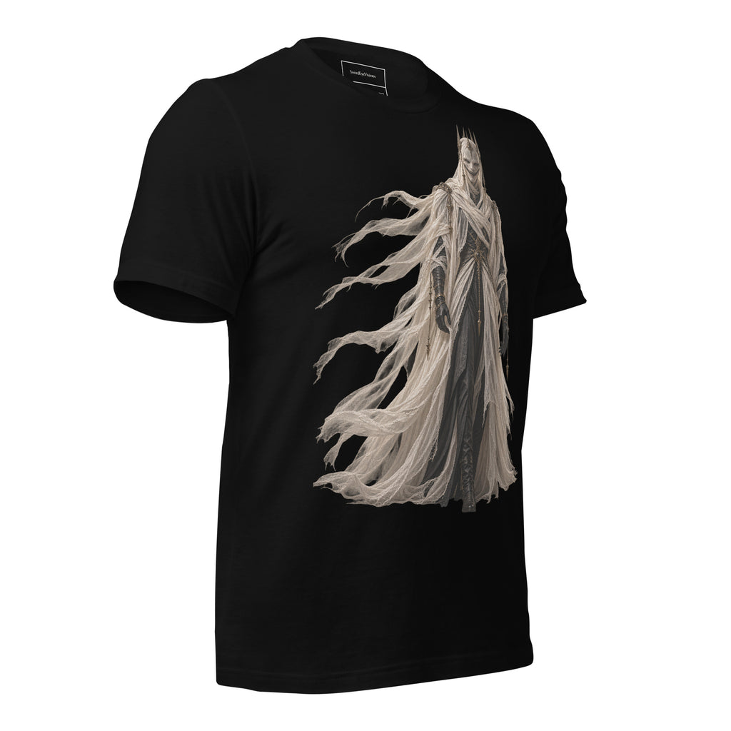 The Grinning Shroud Spectral Veil Front Edition tee in Black — right three-quarter front garment view showing The Grinning Shroud artwork
