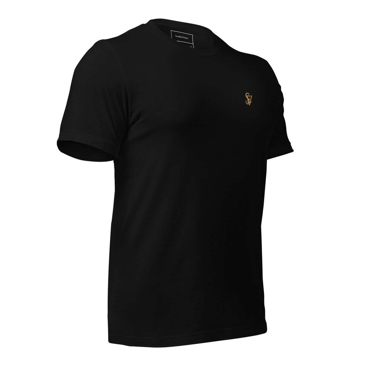The Grinning Shroud Spectral Veil Monogram Edition tee in Black — right three-quarter front garment view with the embroidered SEV Monogram