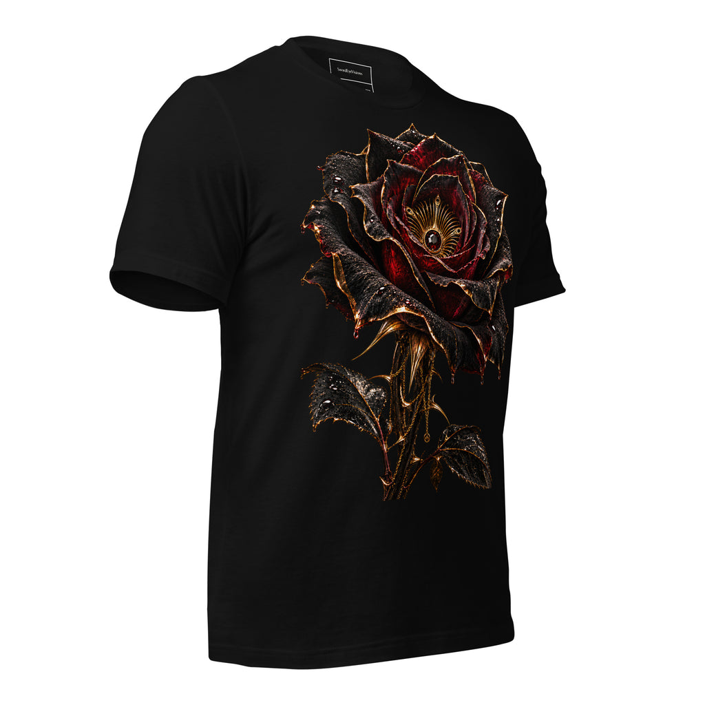 Nocturne Rose Spectral Veil Front Edition tee in Black — right three-quarter front garment view showing the Nocturne Rose artwork