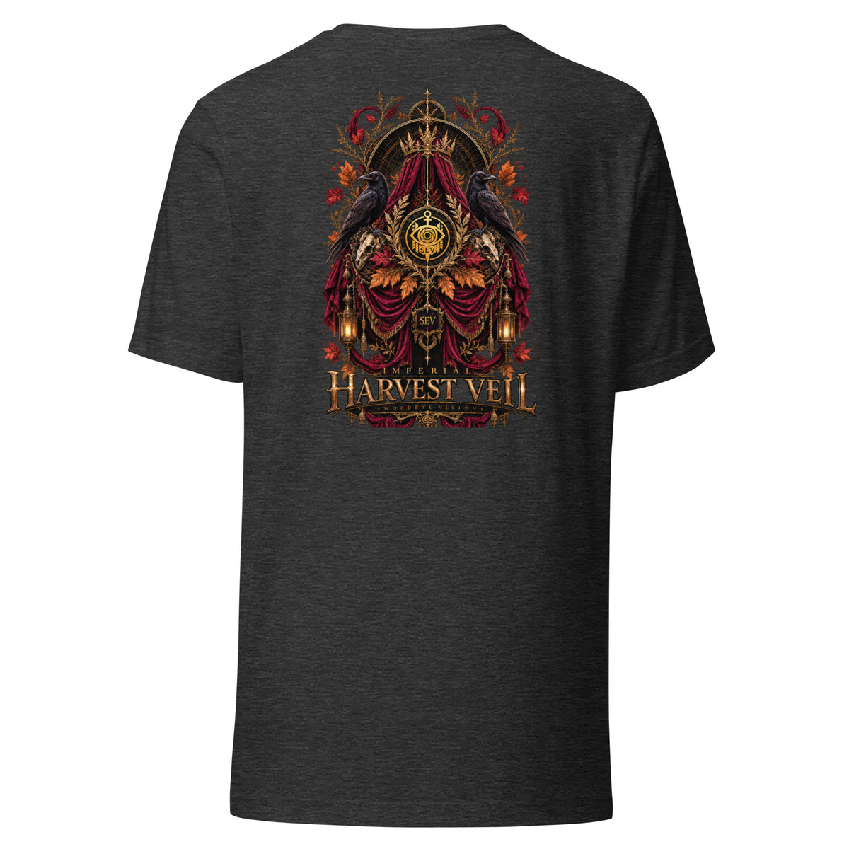 Back of the Dark Grey Heather tee showing the Imperial Harvest Veil artwork with no background panel