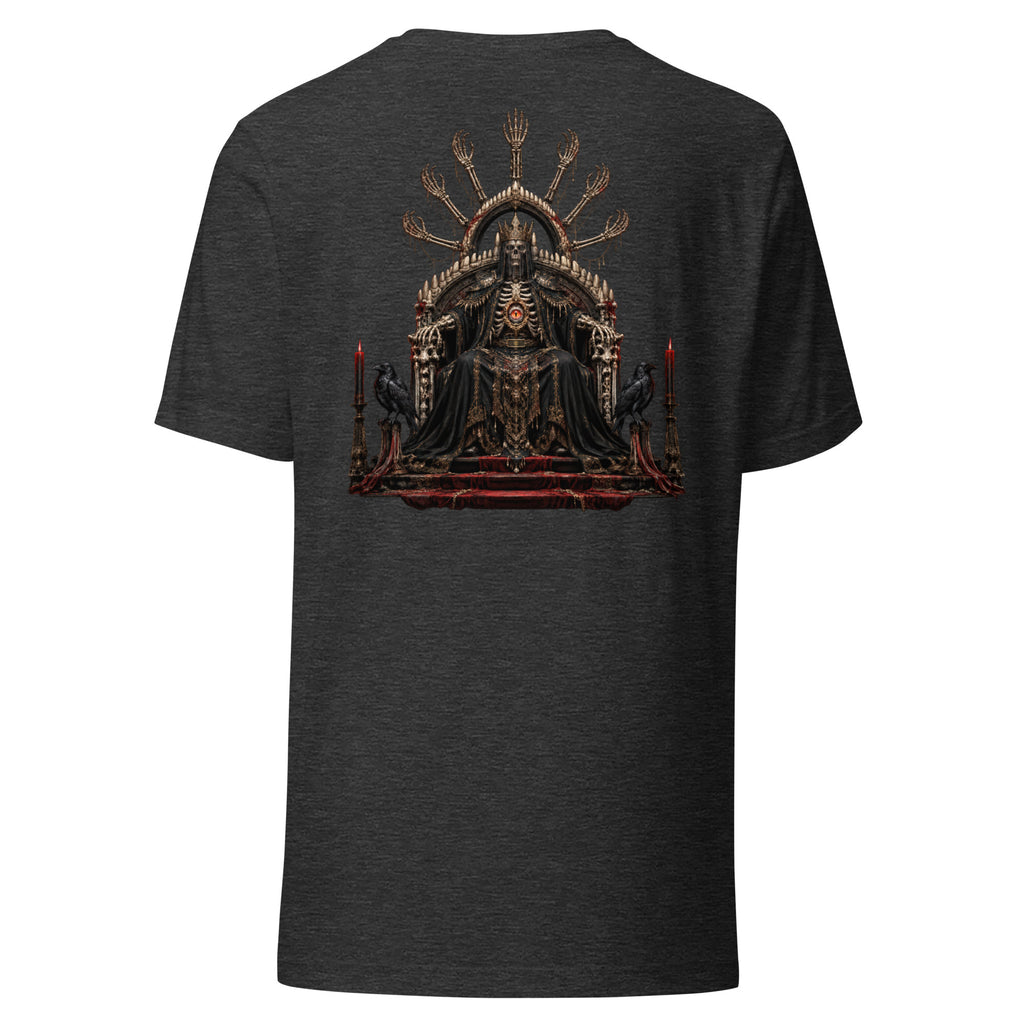 Back of the Dark Grey Heather tee showing the Bone Oracle artwork printed with no background panel