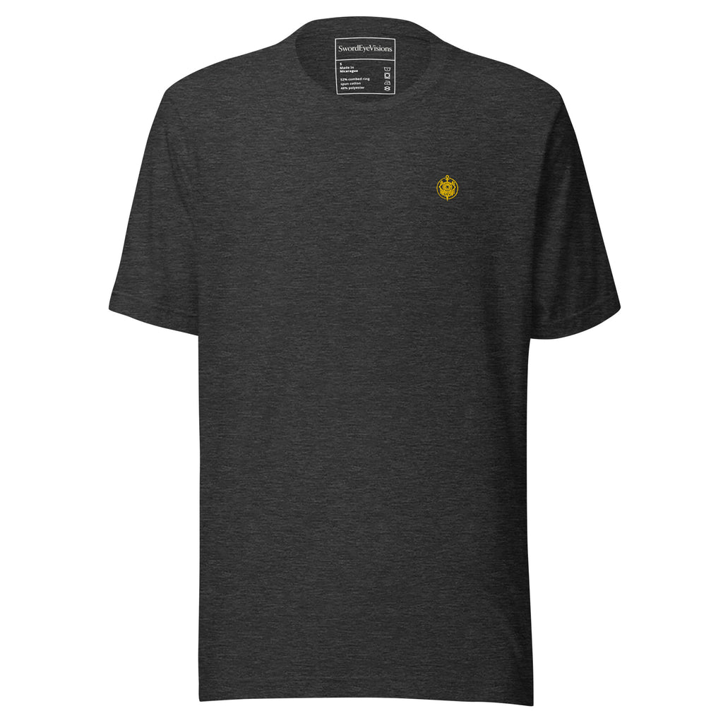 Bone Oracle Spectral Veil Edition tee in Dark Grey Heather, front view with the embroidered SEV Sigil at the left chest
