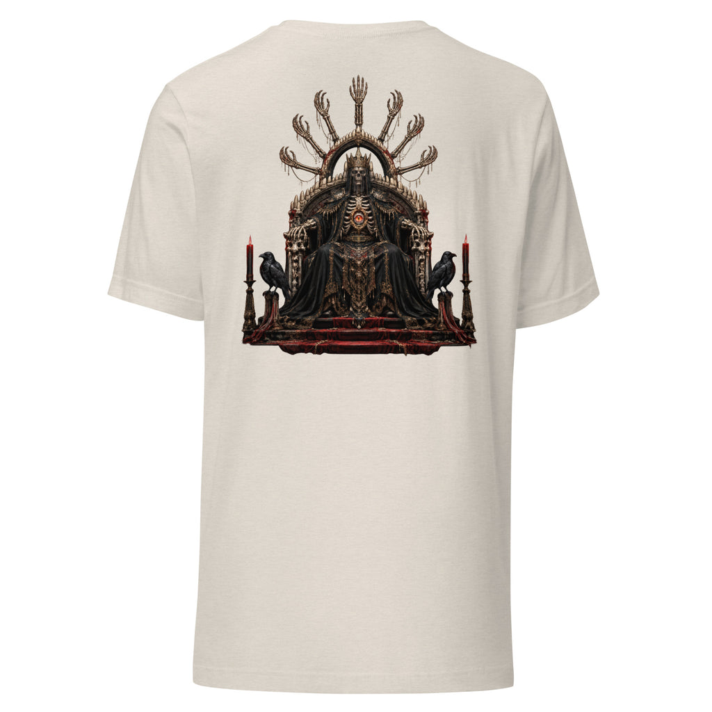 Back of the Heather Dust tee showing the Bone Oracle artwork with no background panel