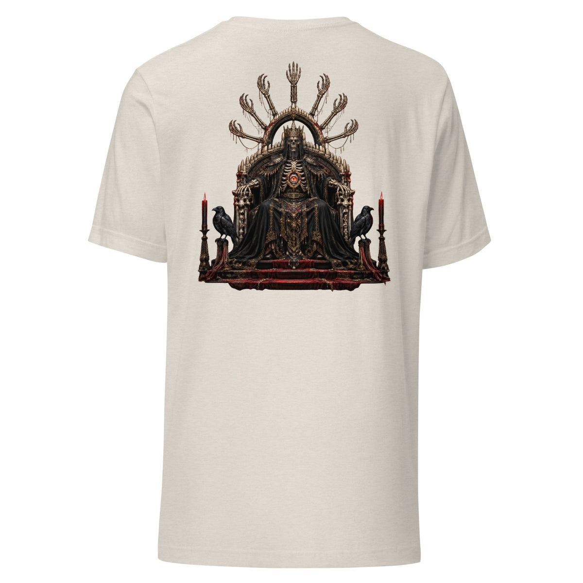 Back of the Heather Dust tee showing the Bone Oracle artwork with no background panel