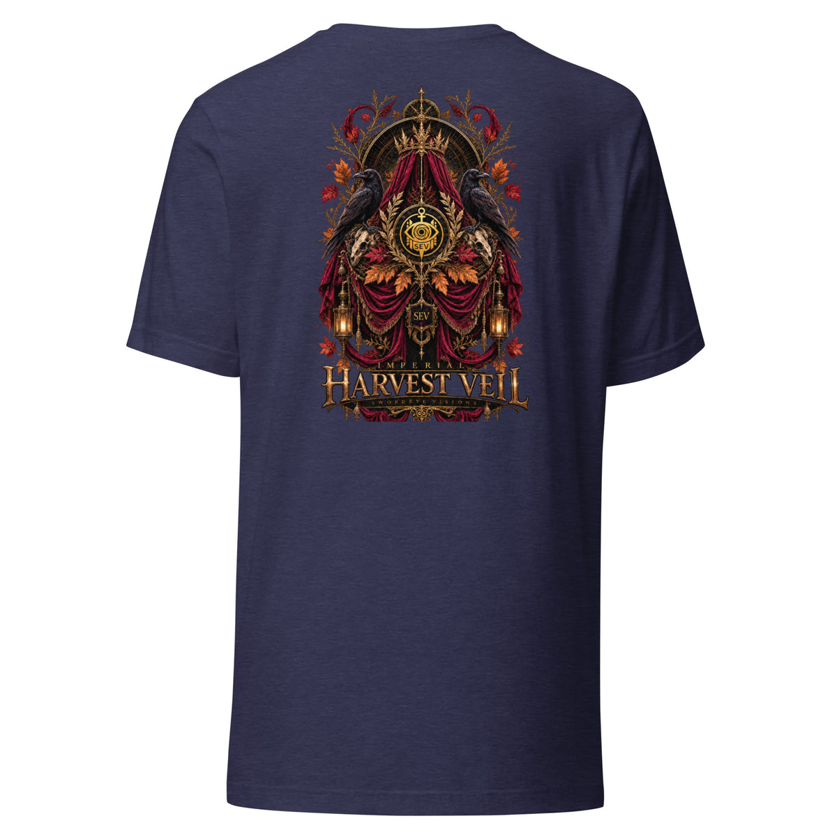 Back of the Heather Midnight Navy tee showing the Imperial Harvest Veil artwork with no background panel
