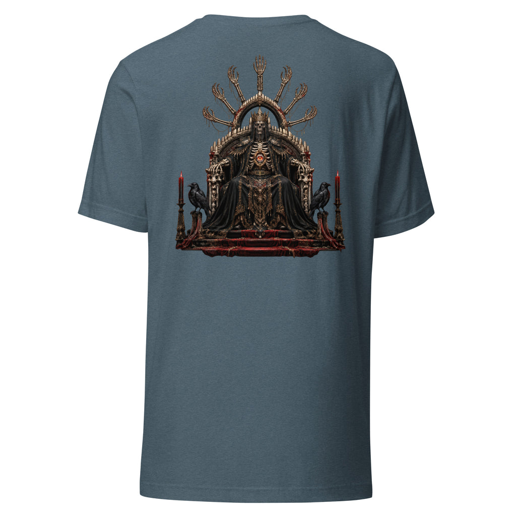 Back of the Heather Slate tee showing the Bone Oracle artwork with no background panel