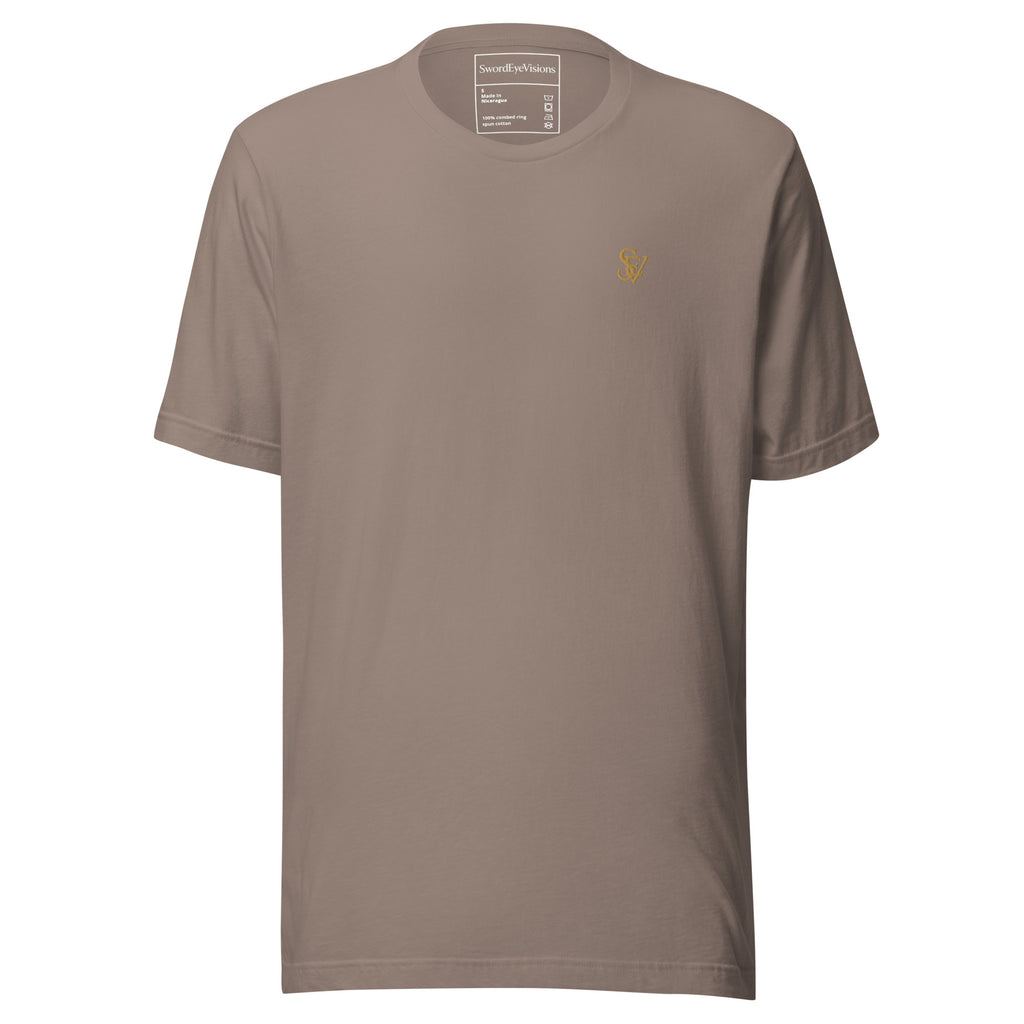 SEV Quiet Monogram Tee in Pebble, front view, with the small Old Gold Monogram embroidered at the left chest