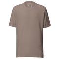 SEV Quiet Monogram Tee in Pebble, front view, with the small Old Gold Monogram embroidered at the left chest