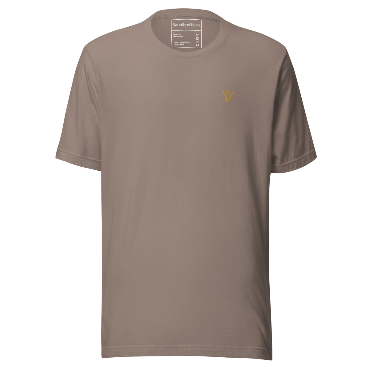SEV Quiet Monogram Tee in Pebble, front view, with the small Old Gold Monogram embroidered at the left chest