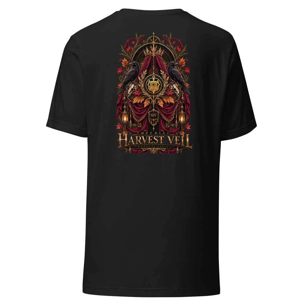 Back of the Vintage Black tee showing the Imperial Harvest Veil artwork printed with no background panel