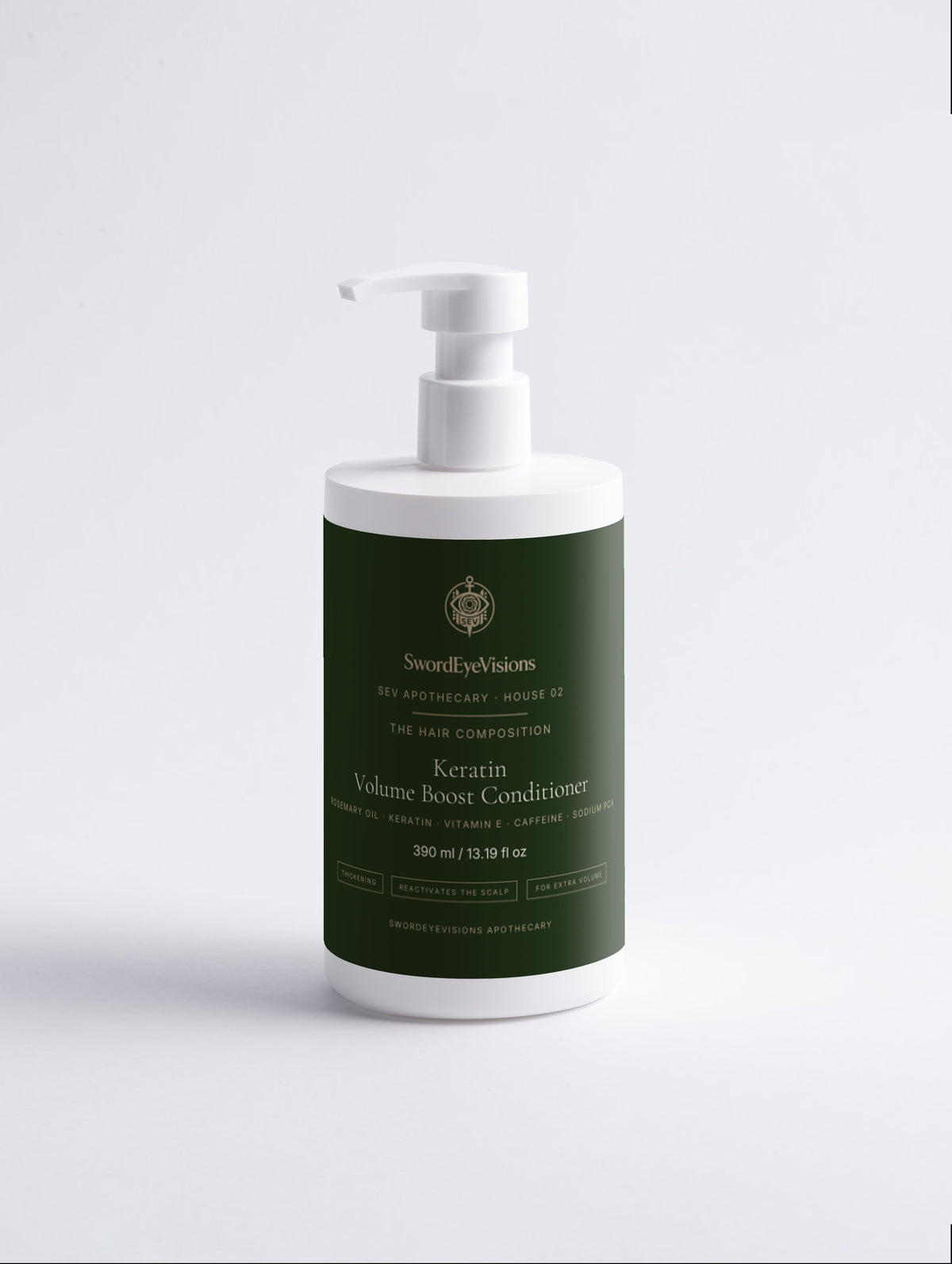 Keratin Volume Boost Conditioner — 390 ml dark green SEV Apothecary bottle with a white pump, The Hair Composition, on a plain studio background.