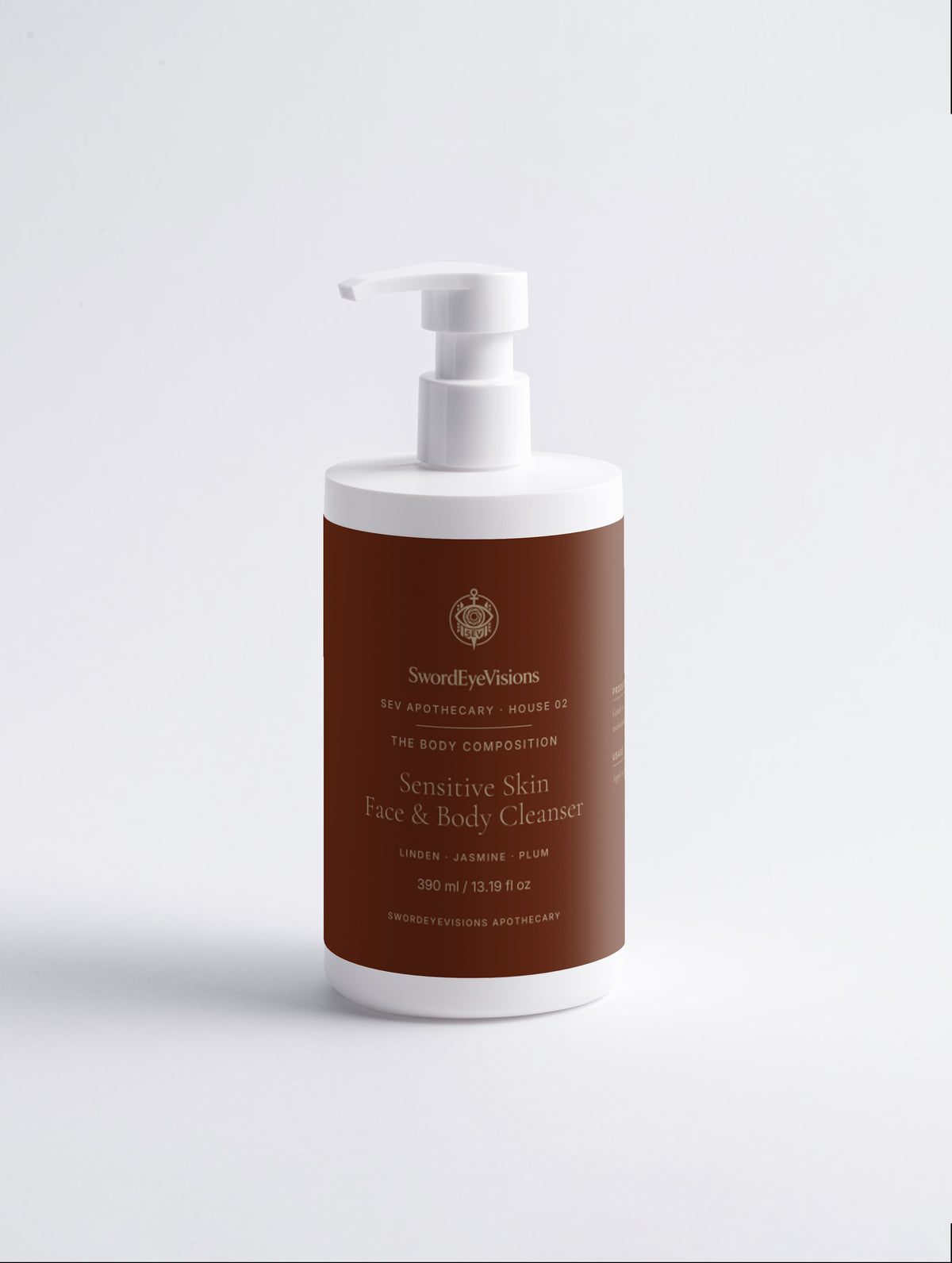 Sensitive Skin Face & Body Cleanser — 390 ml SEV Apothecary bottle with a white pump and a deep russet label, front view showing the SwordEyeVisions sigil above The Body Composition.