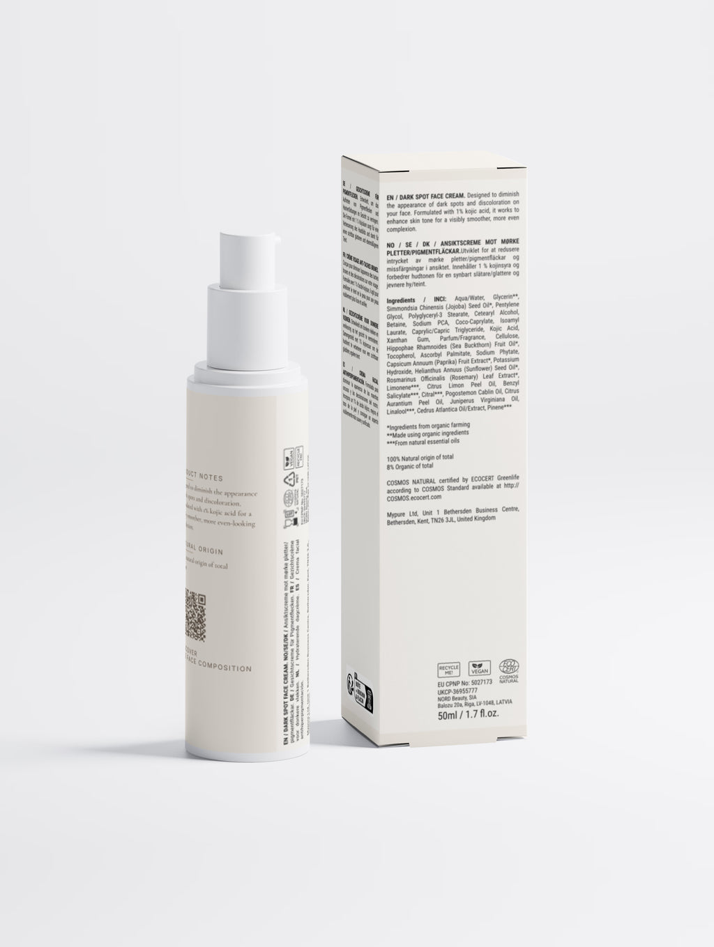 The bottle turned to its side panel with product notes and QR code, beside the carton's printed multilingual regulatory panel with the ingredients list.