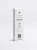 Front of the SEV Makeup Foundation carton, reading COMPLEXION, Foundation with Peptides, shade 15 Light Cool, with the ten-position shade index, semi-matte finish, 30 ml / 1 fl.oz. and a QR code captioned DISCOVER SEV MAKEUP.