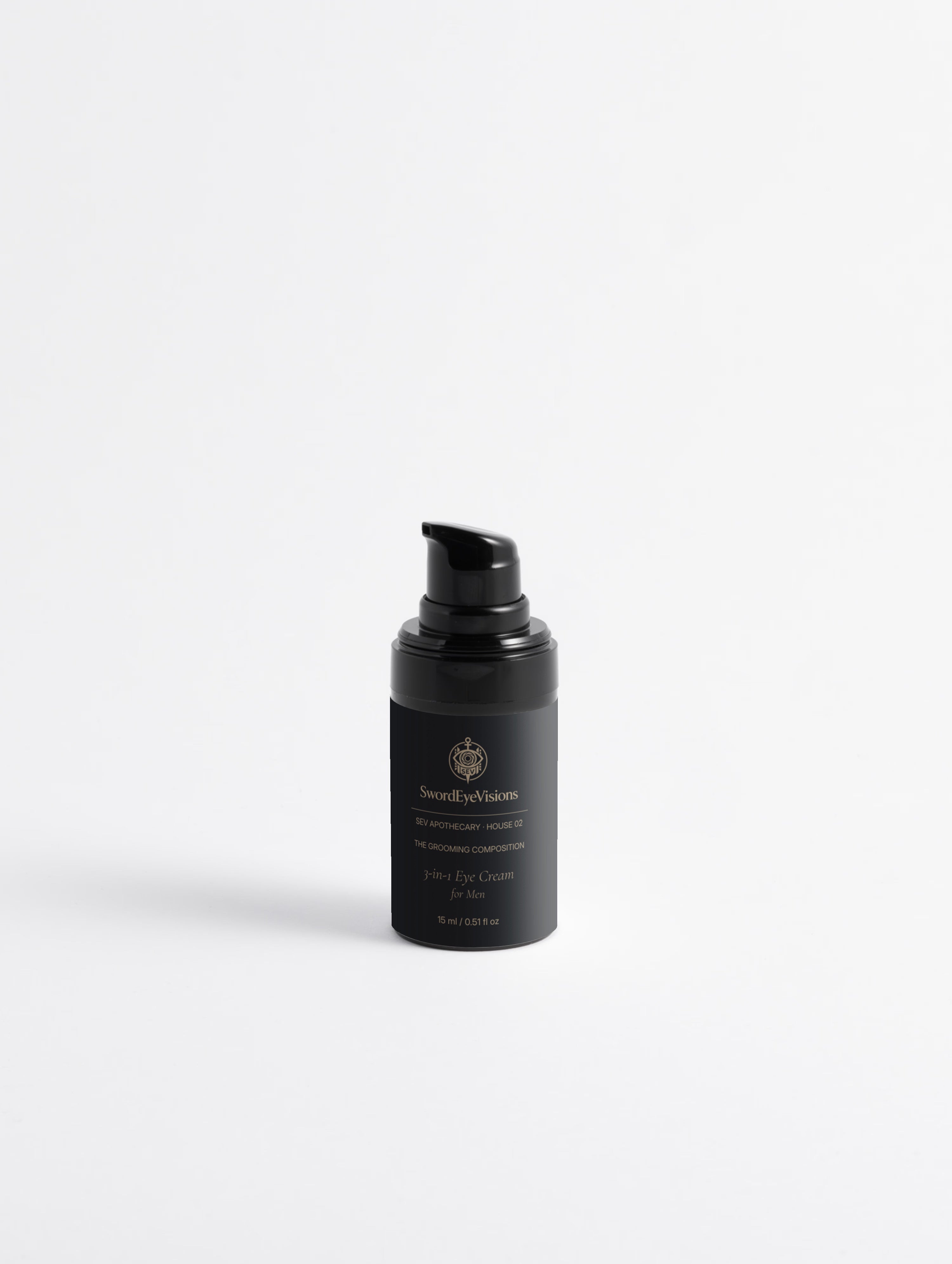SEV Apothecary 3-in-1 Eye Cream for Men, 15 ml charcoal pump bottle, front view