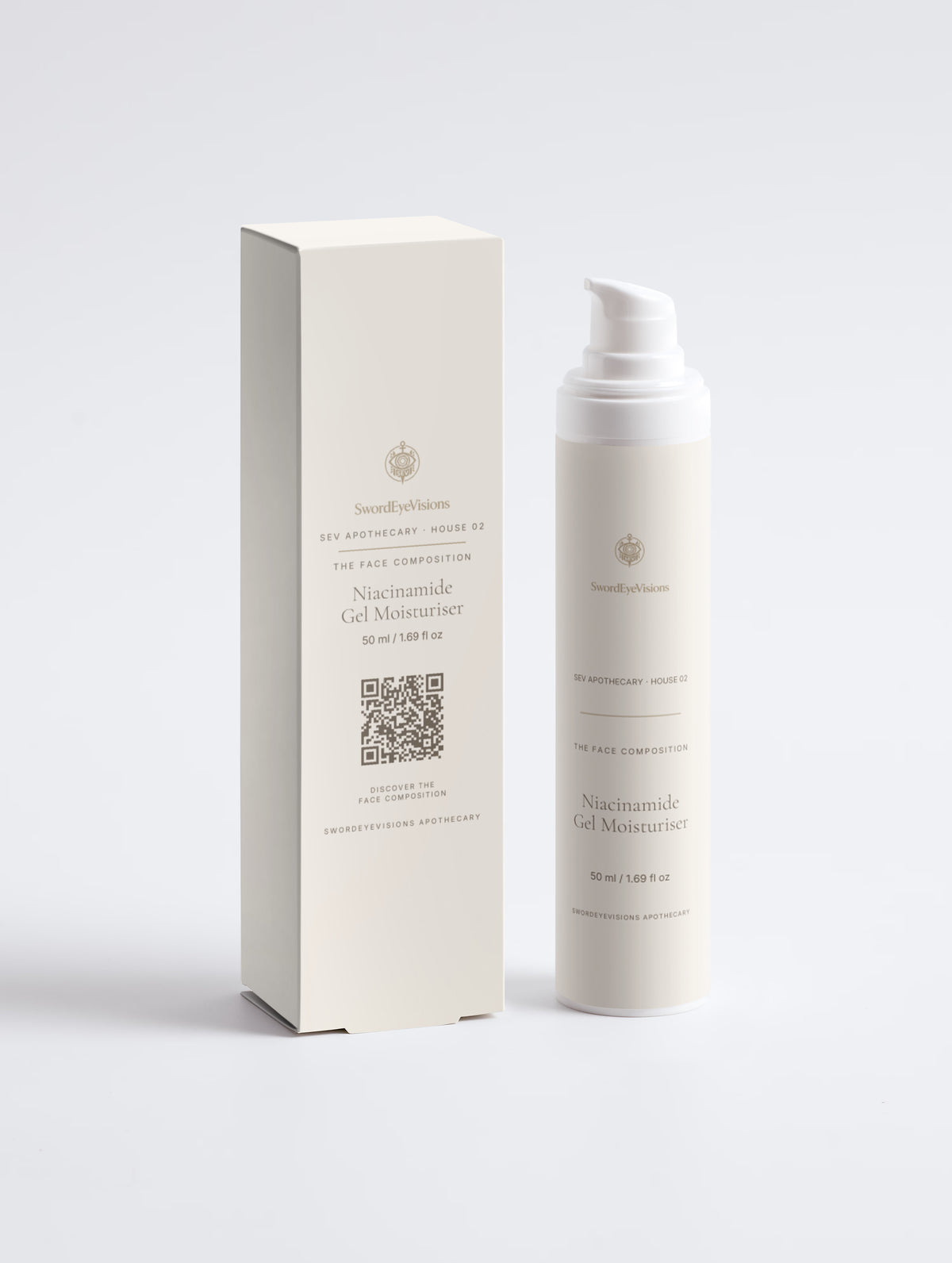 Niacinamide Gel Moisturiser — 50 ml cream SEV Apothecary airless pump bottle with carton, The Face Composition, on a plain studio background.