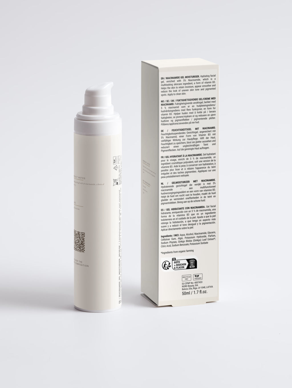 Niacinamide Gel Moisturiser — 50 ml airless pump bottle shown closer, with the product name and Face Composition lettering visible on the label.